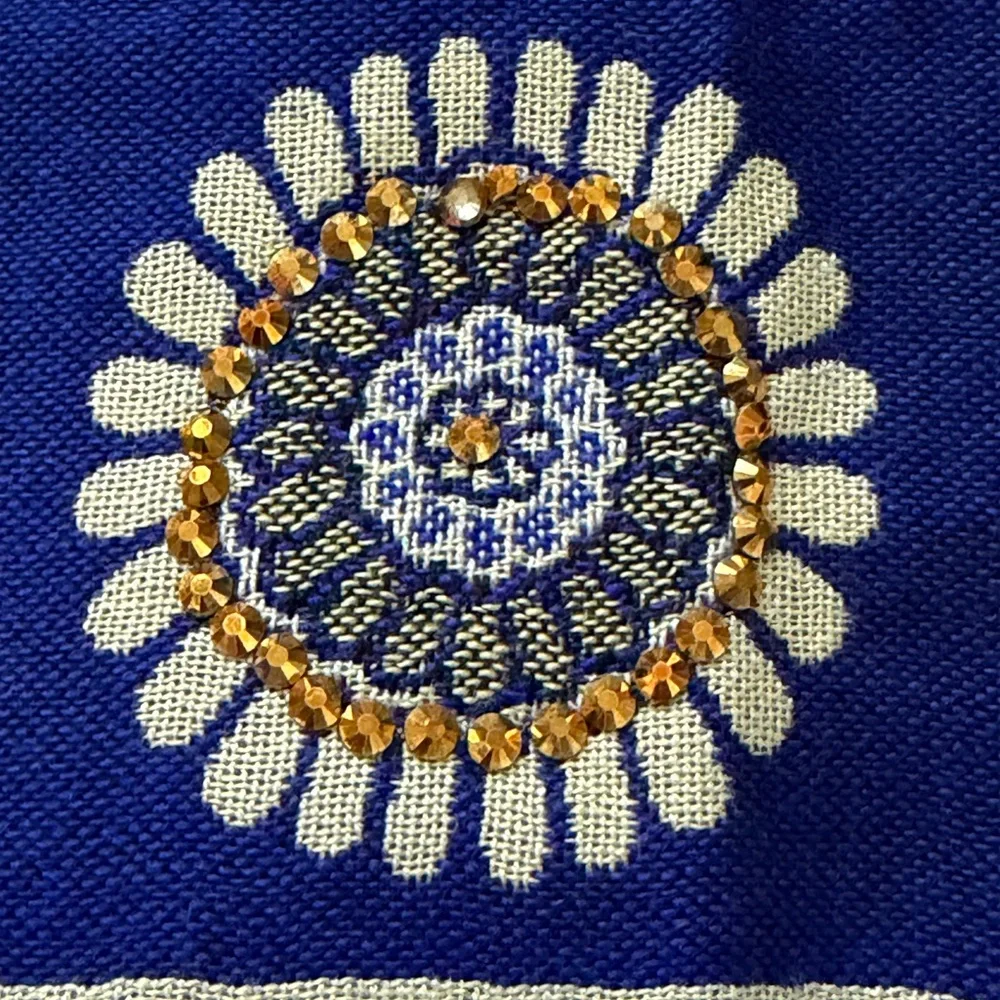 Reversible Mamta Sapphire Blue and Ivory Floral Shawl Scarf with Rhinestones .